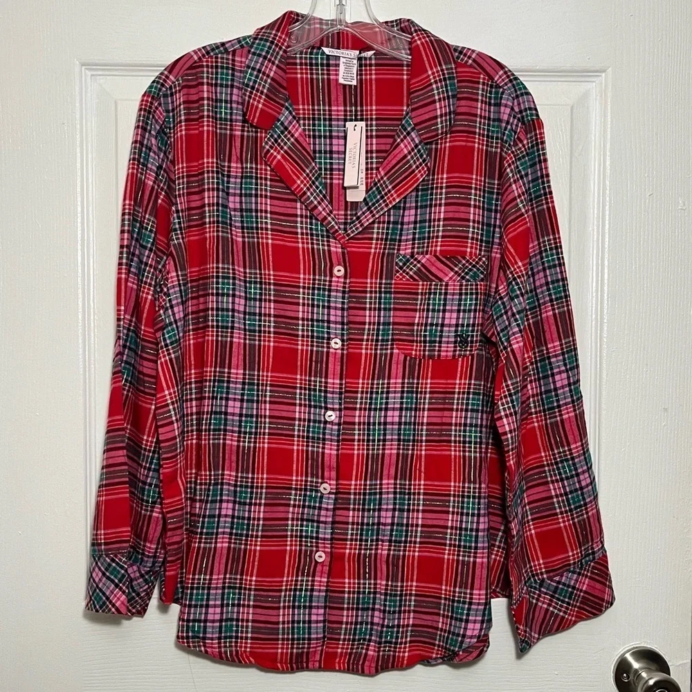 NWT VICTORIA’S SECRET Red Gold Plaid PJ Button Down Sleepwear Top | size Medium